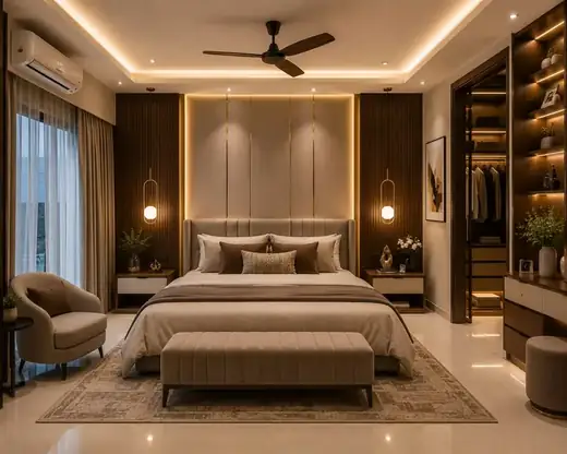 Master bedroom with panelled headboard