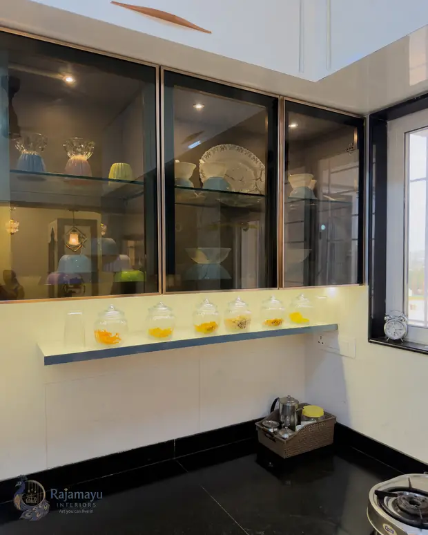 Glass wall units with service window