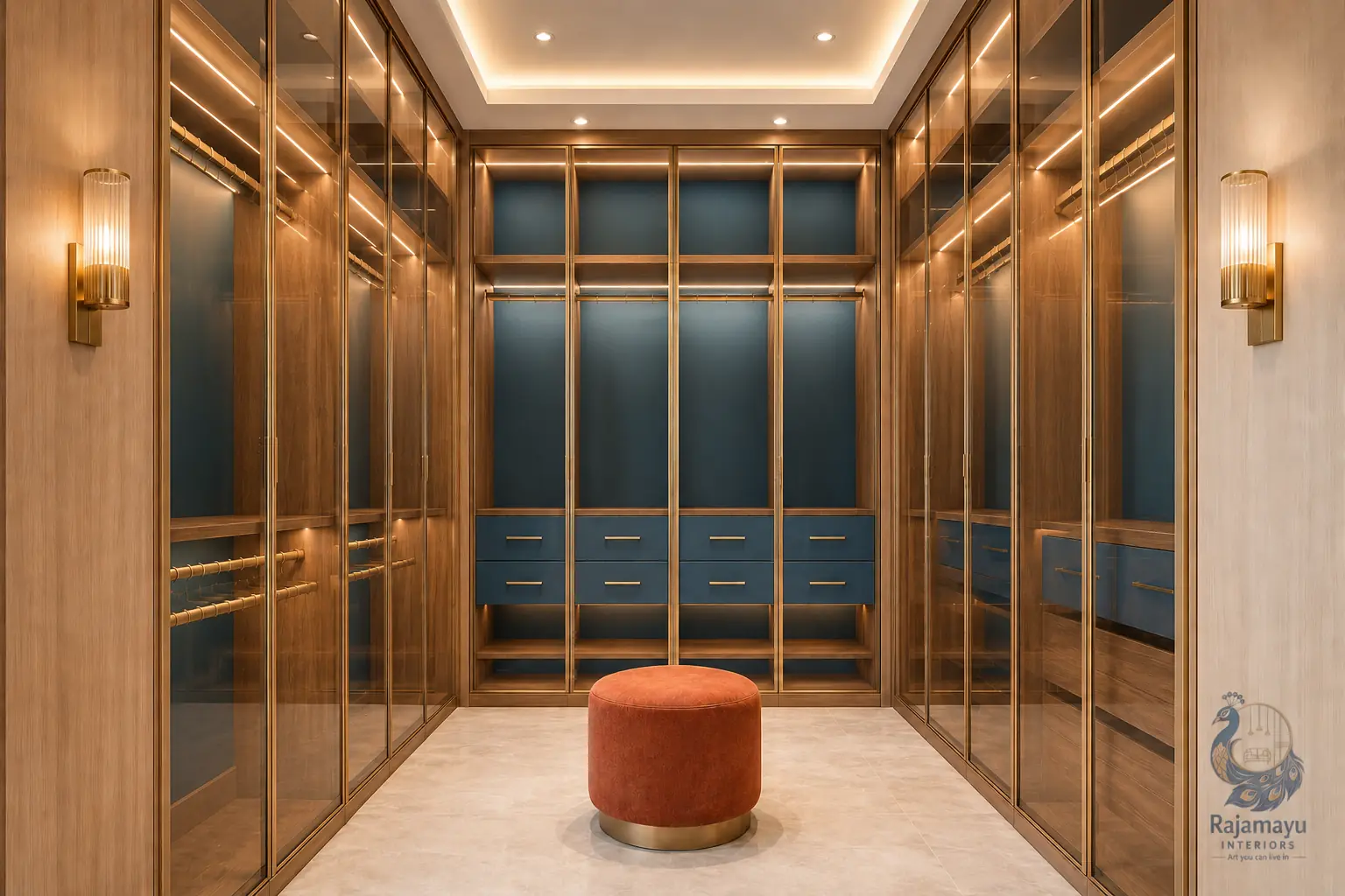 Walk-in wardrobe in glass and wood, built by Rajamayu Interiors