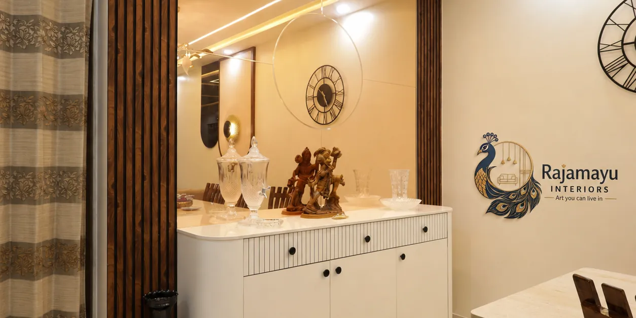 Dining area with crockery and display unit, built by Rajamayu Interiors