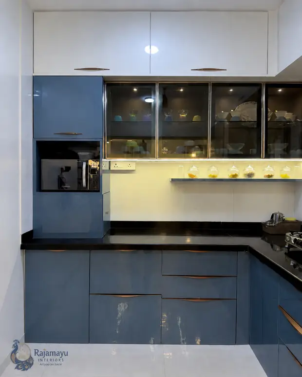 Kitchen in blue with glass shutters