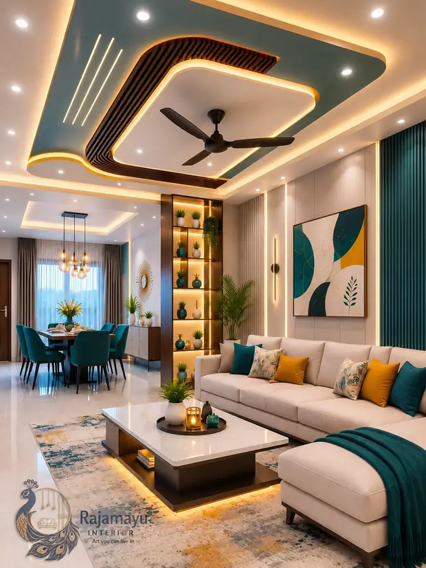 Living room with cove-lit ceiling