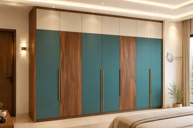 Wardrobe in teal and walnut