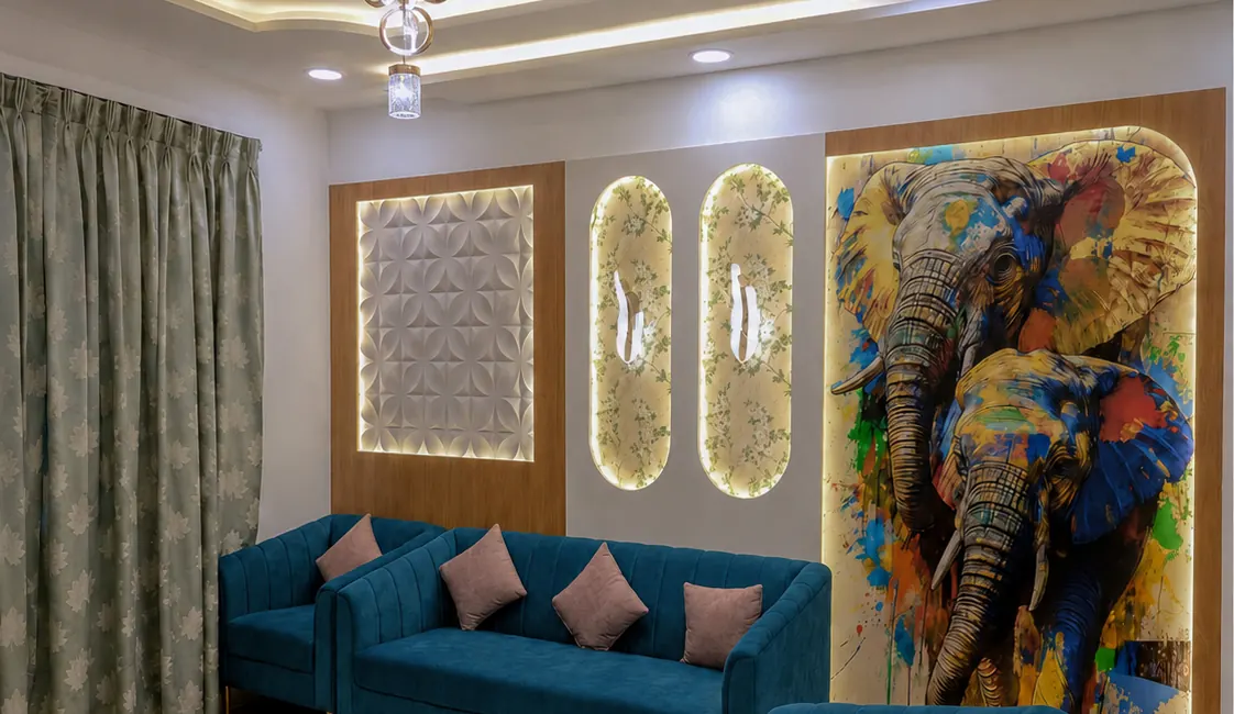 Living room with feature artwork wall, by Rajamayu Interiors