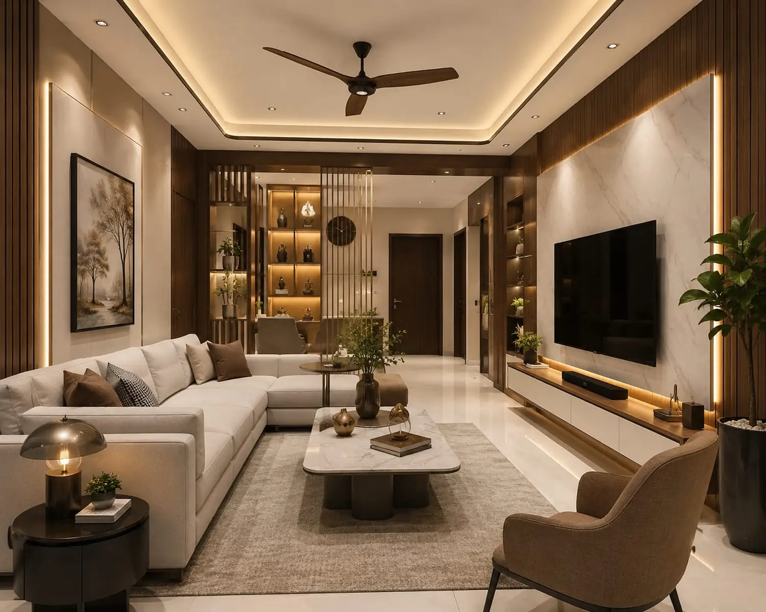 Living room design with panelled TV wall