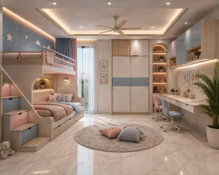 Children's room visualisation with bunk bed and study wall