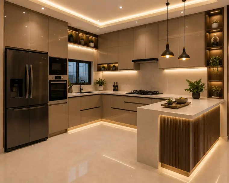Kitchen design visualisation with peninsula and fluted detailing