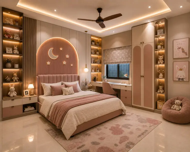 Children's bedroom design in soft pink with study desk