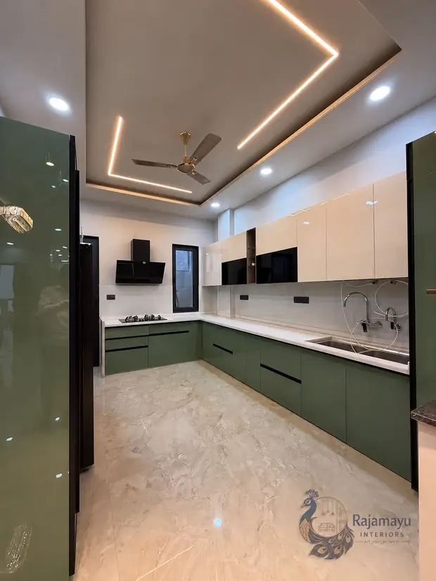 Parallel kitchen in green and ivory